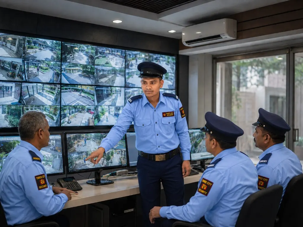 Three Eyes Security Services CCTV monitoring room with live surveillance feeds