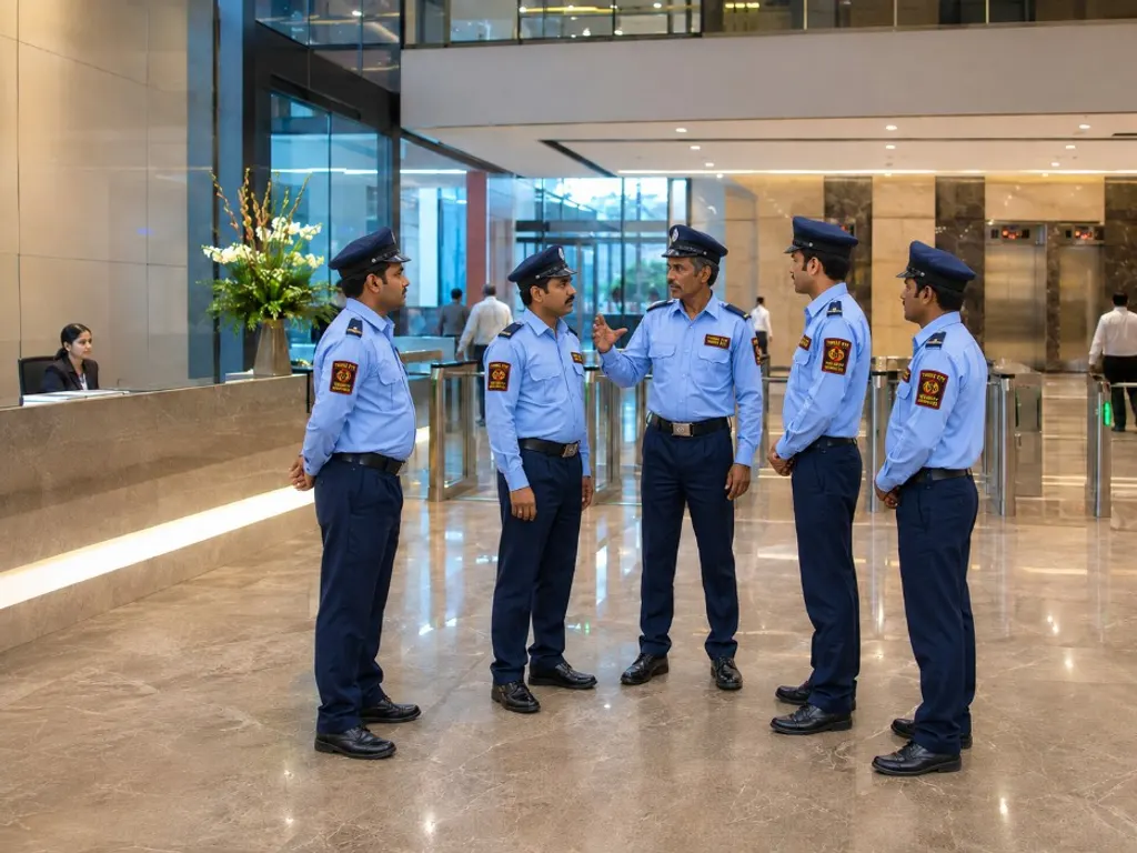 Three Eyes Security Services guard at corporate office tower entrance