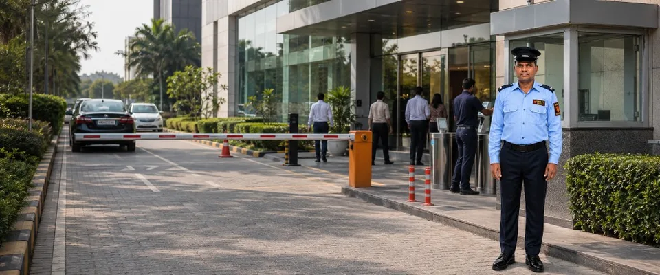 Corporate office security guard at a commercial tower entrance in Delhi NCR