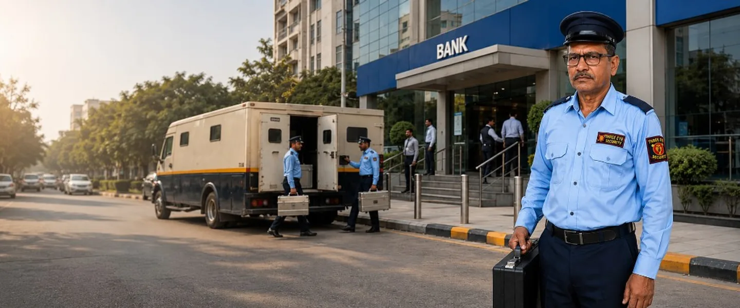 Three Eye Security guards conducting secure cash escort with armored transport at a bank